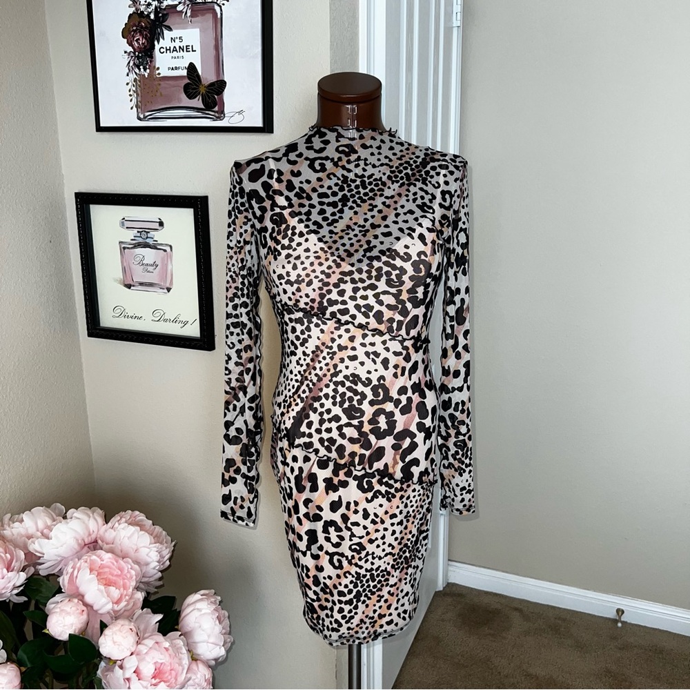 Guess Leopard Print Long Sleeve Dress